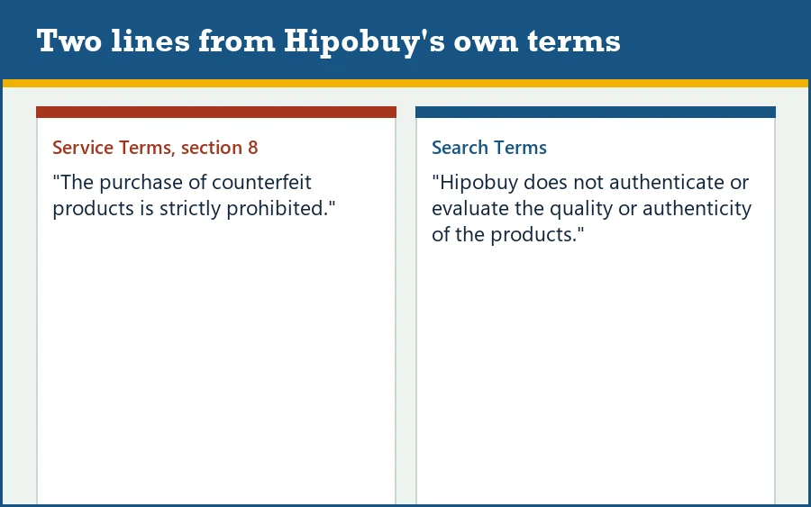 Two official sentences: counterfeit purchases are strictly prohibited, and Hipobuy does not authenticate products