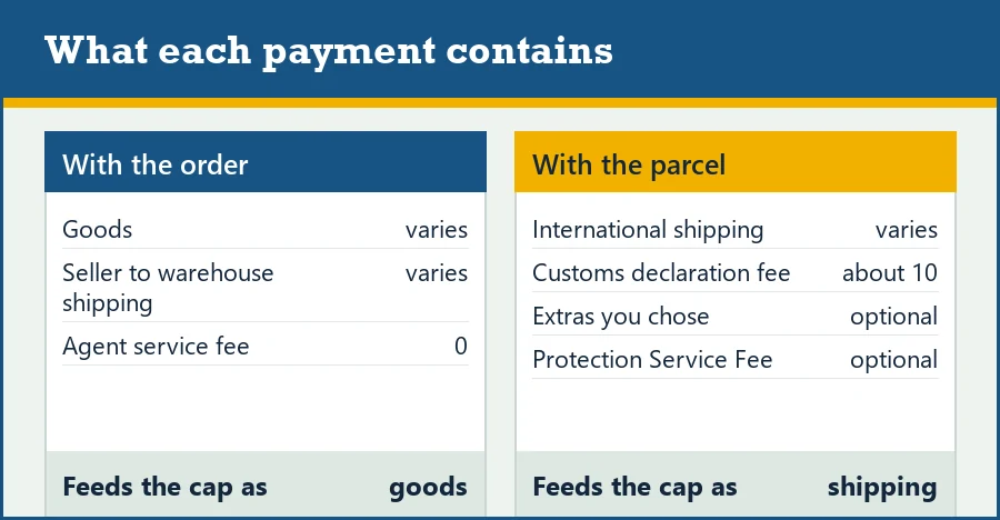 Ledger of the two Hipobuy payments: goods and domestic shipping with the order, freight, declaration fee, extras and protection fee with the parcel