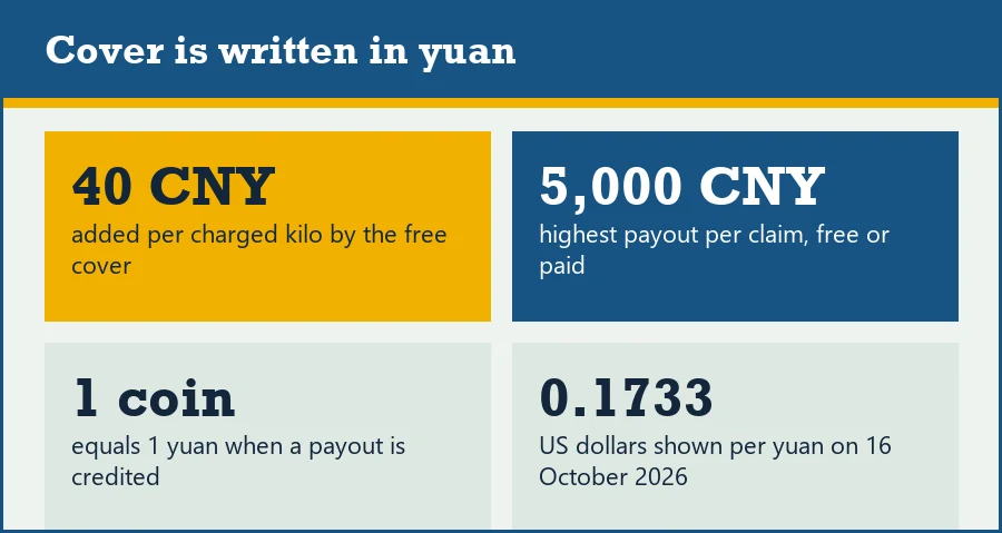 Tiles stating that the cover rules are in yuan: 40 yuan per kilo, 5,000 yuan cap, 1 coin equals 1 yuan, display rate 0.1733 dollars per yuan