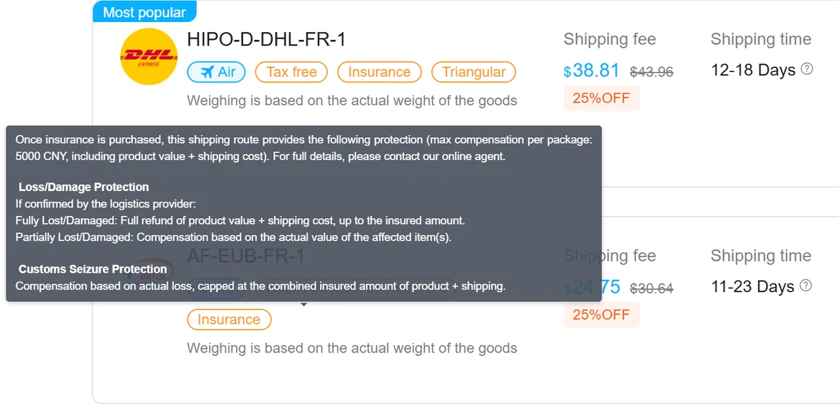 Hipobuy estimator results for France: the HIPO-D-DHL-FR-1 card shows an Insurance tag, and hovering the Insurance tag on AF-EUB-FR-1 opens the paid protection tooltip