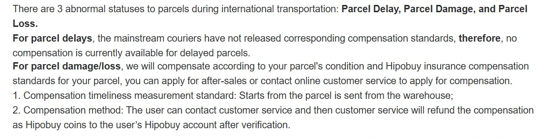 Hipobuy insurance FAQ: three abnormal statuses, no compensation for delayed parcels, compensation refunded as Hipobuy coins