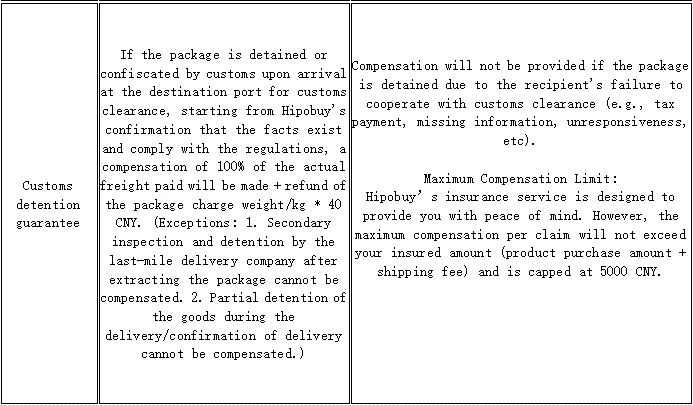 Hipobuy free insurance table, customs detention line with its two exceptions and the 5000 CNY cap
