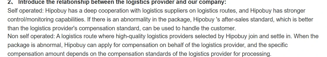 Hipobuy Logistics Platformization Description, section 2: self operated and non self operated routes and their compensation standards
